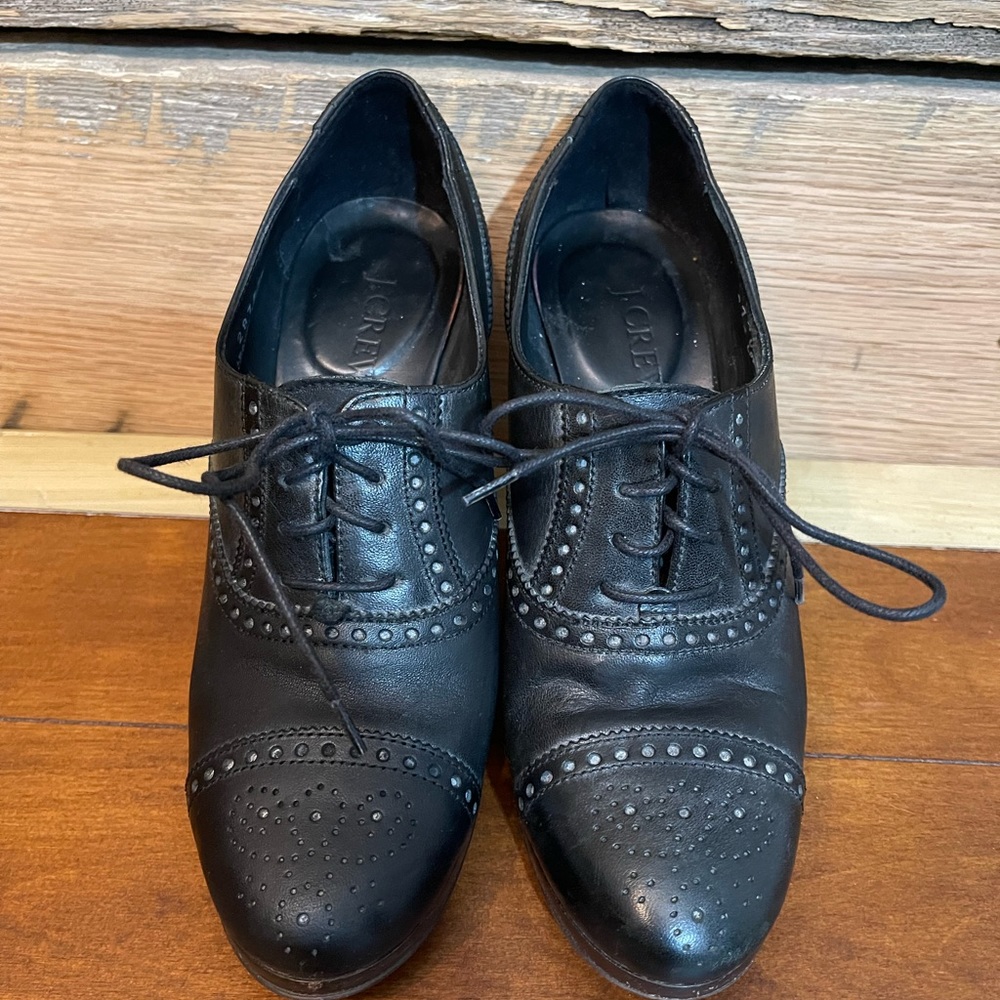 J Crew Black Brogue Ankle Boots Heels Sz 6.5 Made in Italy